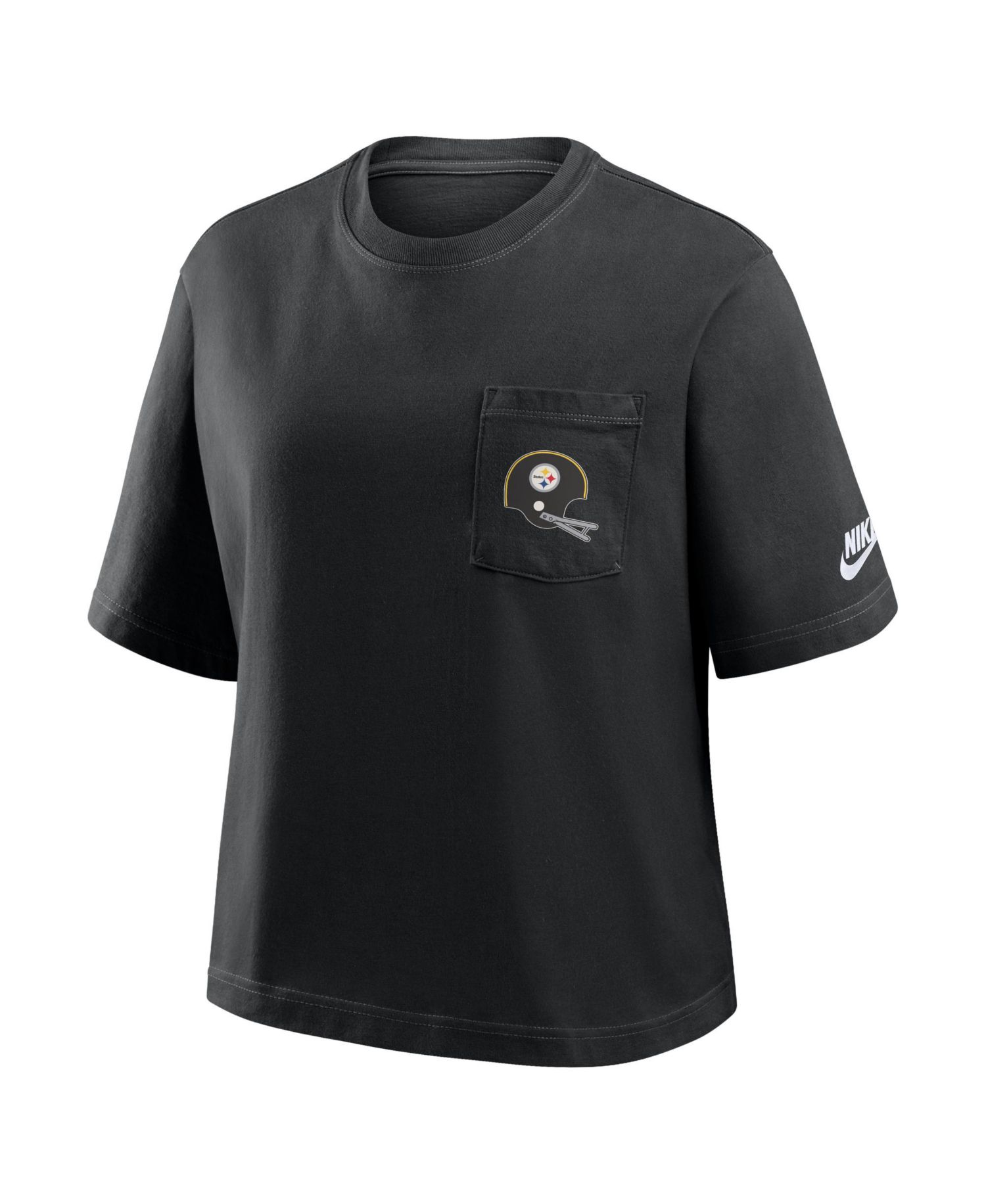 Women's Black Pittsburgh Steelers Rewind Pocket Boxy T-Shirt