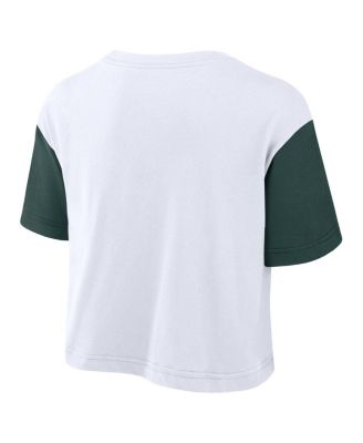 Women's White/Green Michigan State Spartans Color Block Script Performance Cropped T-Shirt