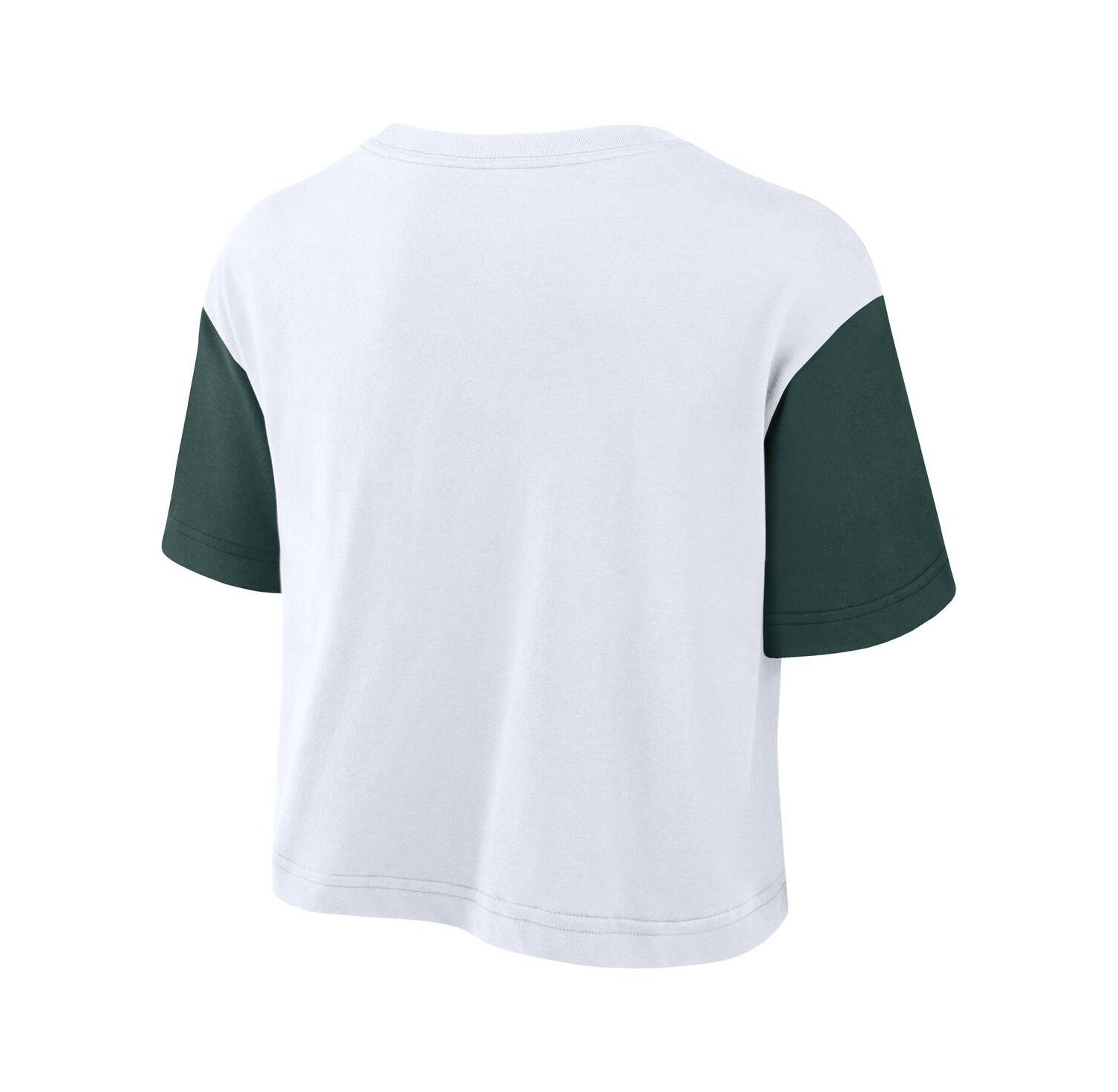 Women's White/Green Michigan State Spartans Color Block Script Performance Cropped T-Shirt