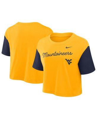 Nike - Women's Gold/Navy West Virginia Mountaineers Color-Block Script Performance Cropped T-Shirt