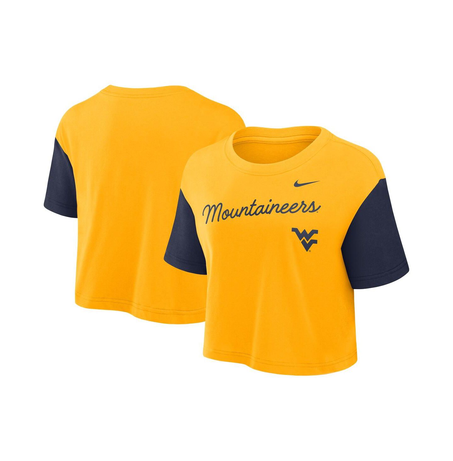 Женская футболка Nike Gold/Navy West Virginia Mountaineers Color Block Script Performance Cropped — фото 1