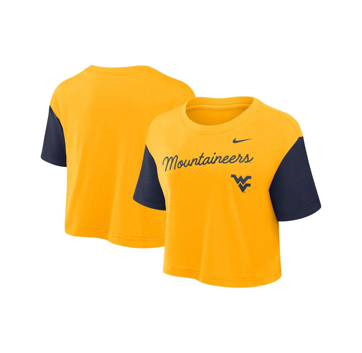 Women's Gold/Navy West Virginia Mountaineers Color Block Script Performance Cropped T-Shirt