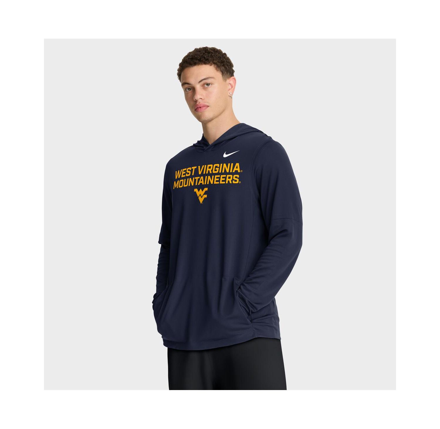 Men's Navy West Virginia Mountaineers 2025 Sideline Performance Long Sleeve Hoodie T-Shirt