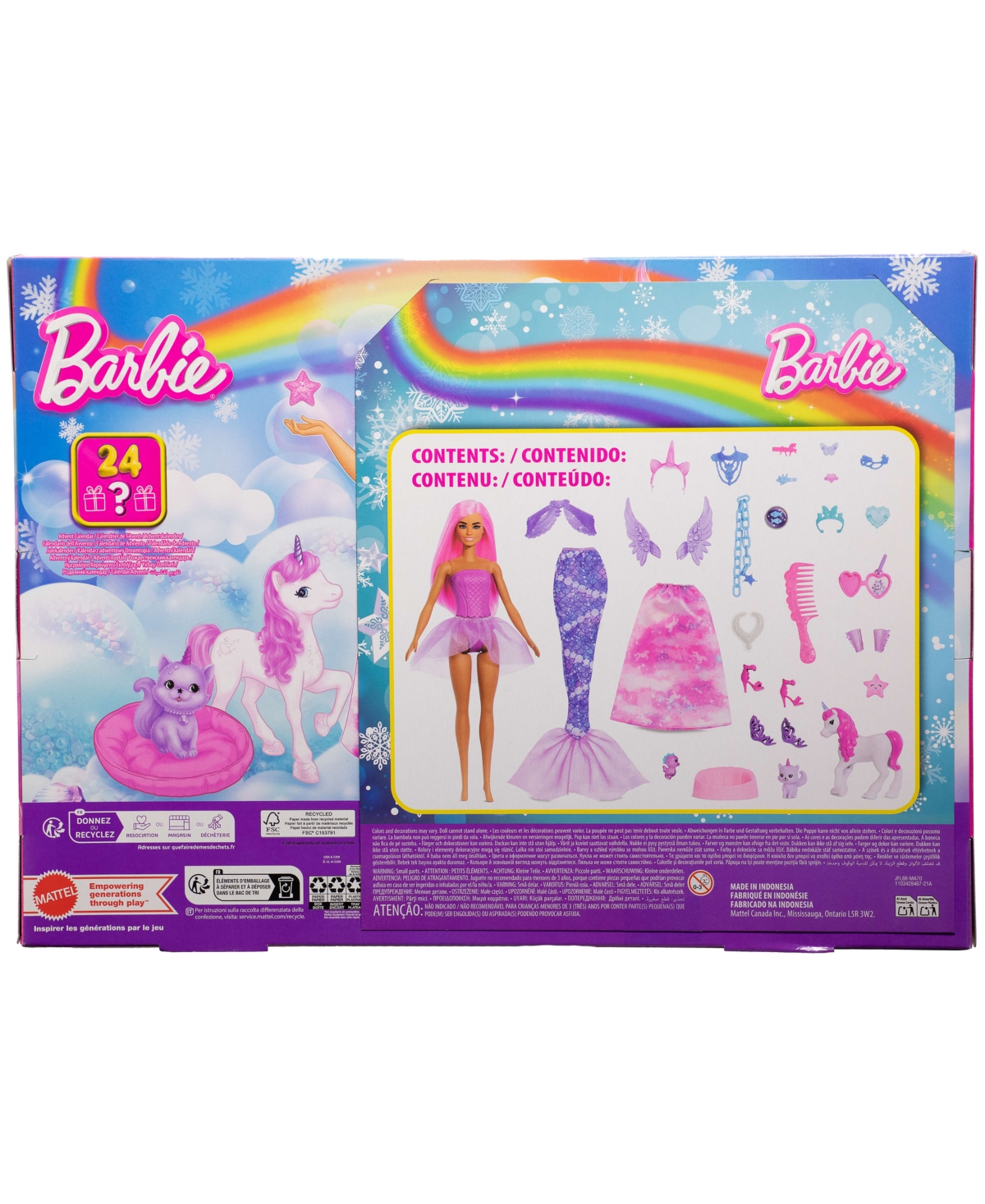 Barbie Advent Calendar With Fashion Doll And 24 Surprise Toy Accessories Including Unicorn And Pets In Multi