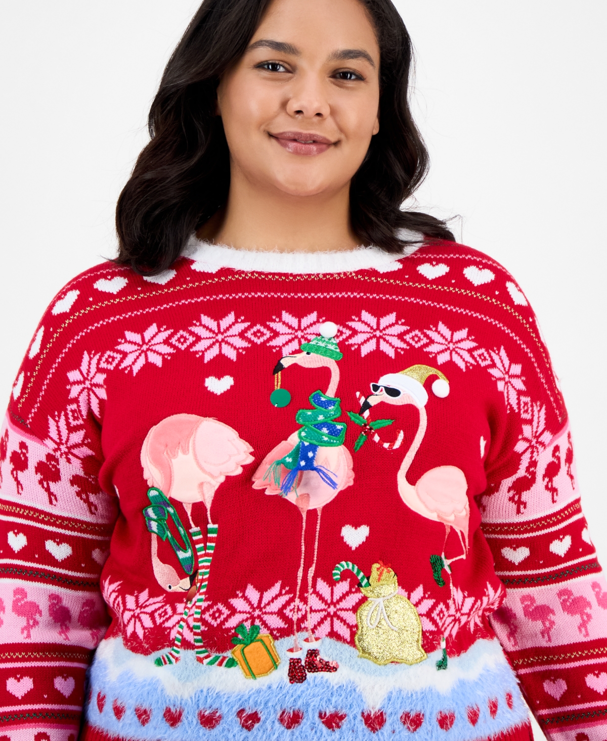 It's Our Time Trendy Plus Flamingo Ugly Xmas Sweater In Red