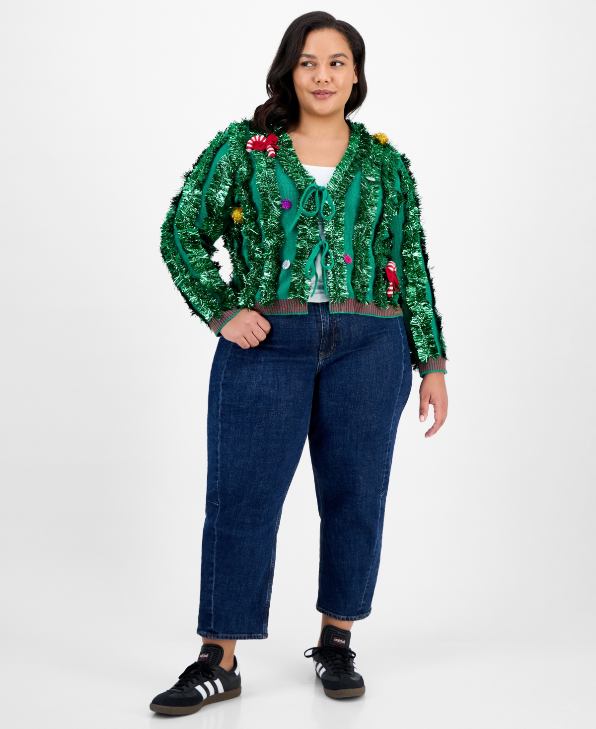 It's Our Time Trendy Plus Cropped Tinsel Long-sleeve Cardigan In Green