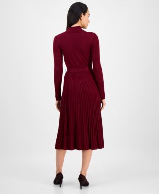 Women's Tie-Front Pleated Mock-Neck Sweater Dress