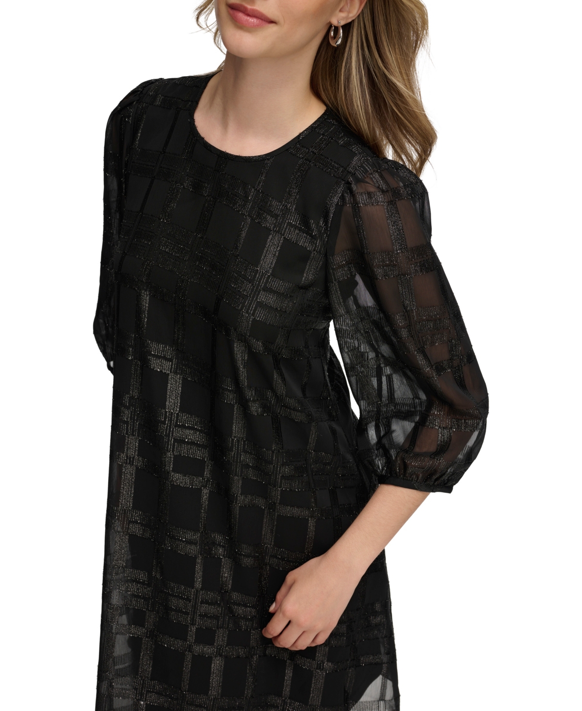 Calvin Klein Dress Women's Black Glitter Chiffon Puff Sleeve A-line Buu994 In Black