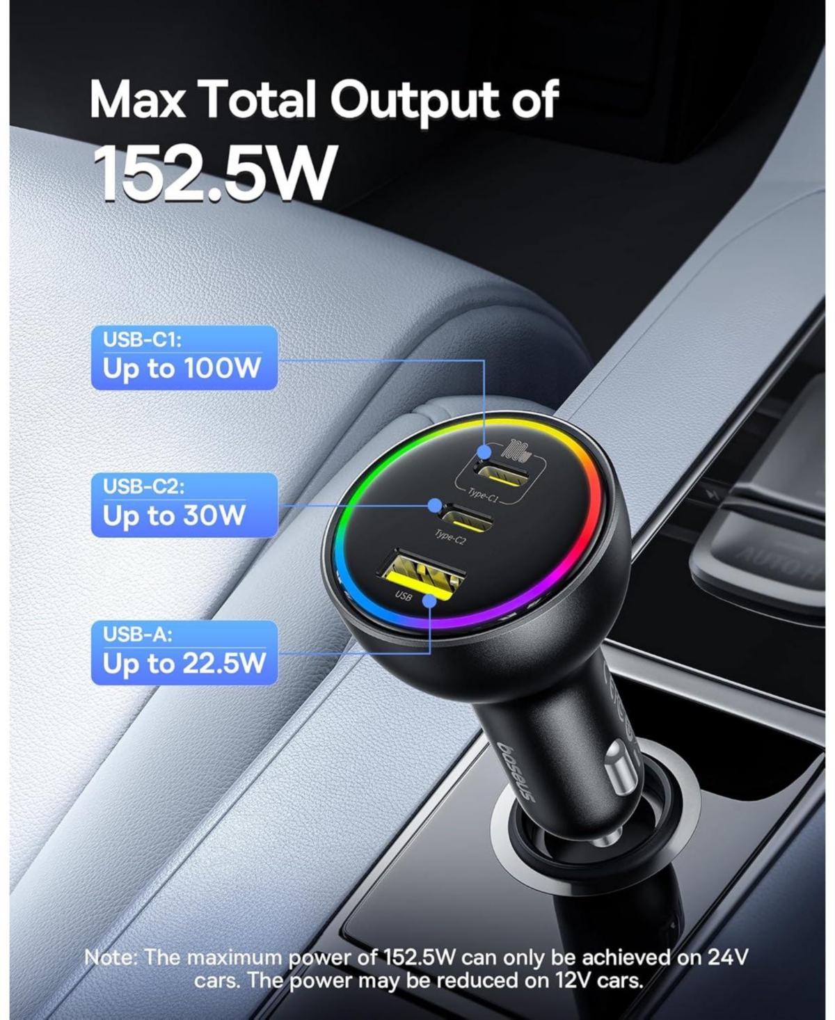 Baseus 152.5W Usb C Car Charger, Baseus Super Fast Charging 3 Ports Car Charger, PD3.0 QC4.0 Ultra Compact Rgb Fast Type C Car PhoneCharger Adapter