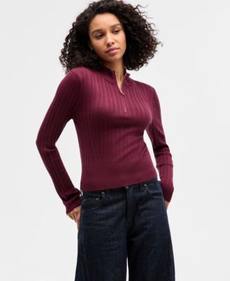 Juniors' Variegated Rib-Knit Half-Zip Sweater 