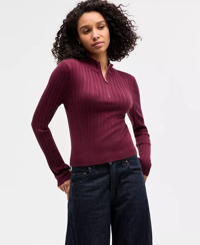 Juniors' Variegated Rib-Knit Half-Zip Sweater