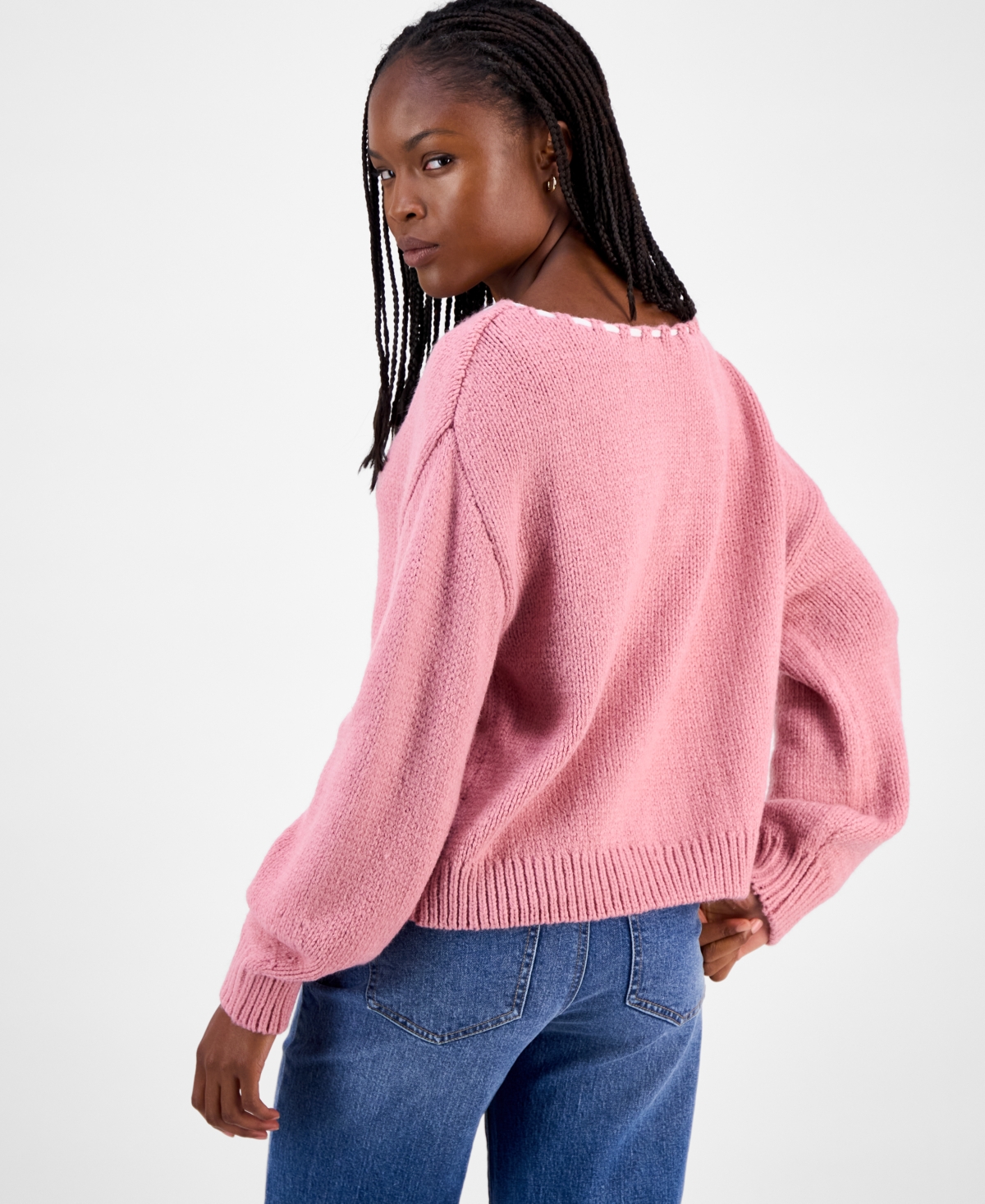 Hooked Up By Iot Juniors' Bow Boat-neck Sweater In Pink