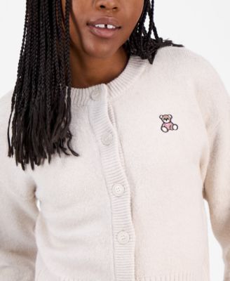 Juniors' Teddy Bear-Embroidered Crewneck Cardigan