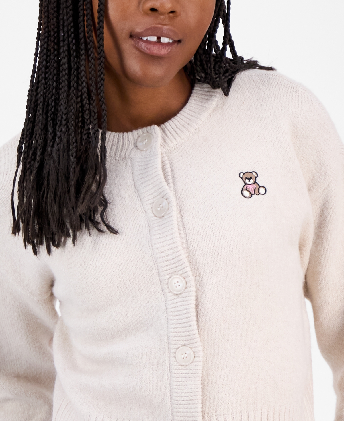 Hooked Up By Iot Juniors' Teddy Bear-embroidered Crewneck Cardigan In Neutral