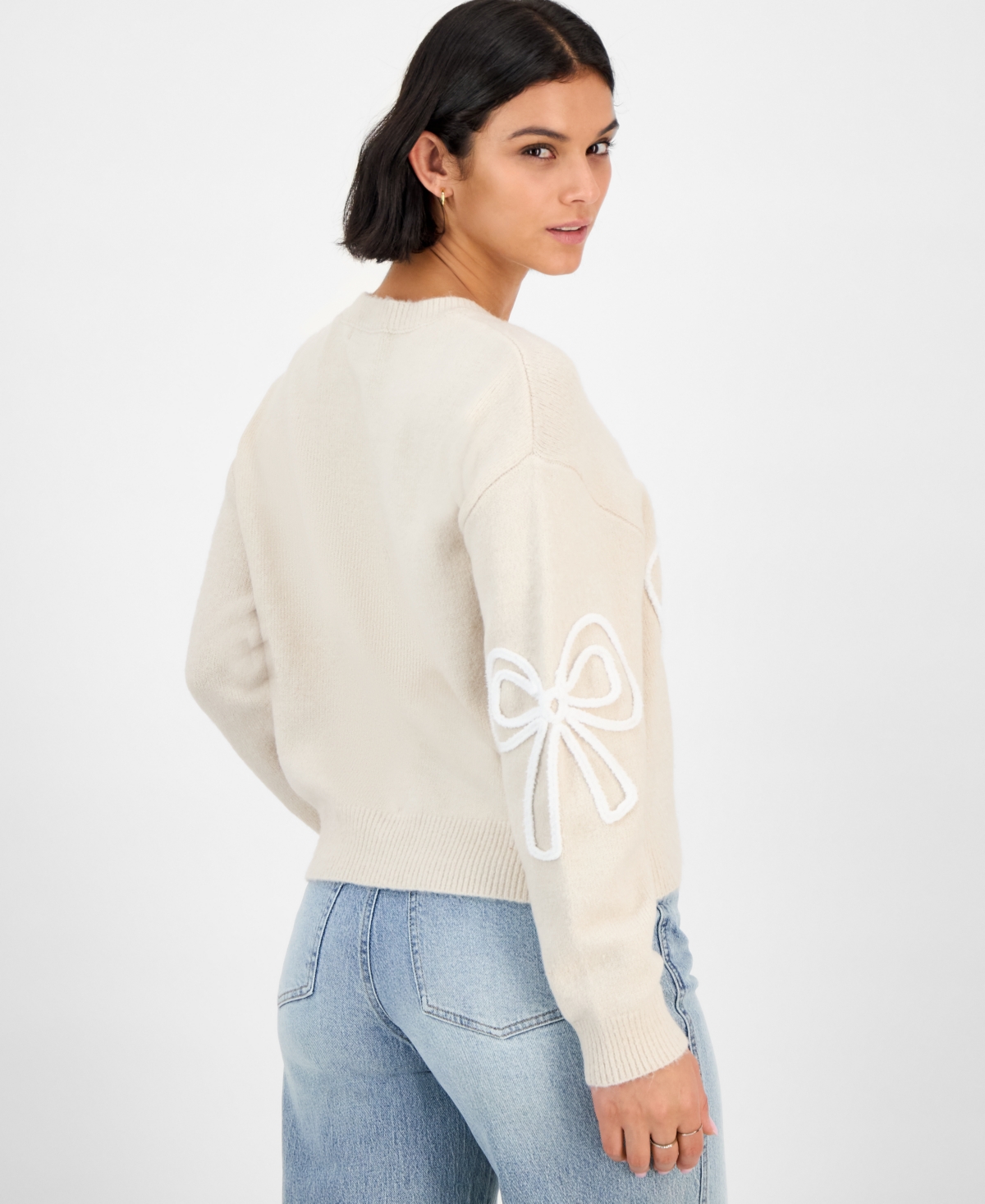 Hooked Up By Iot Juniors' Soutache Bow Crewneck Sweater In Neutral