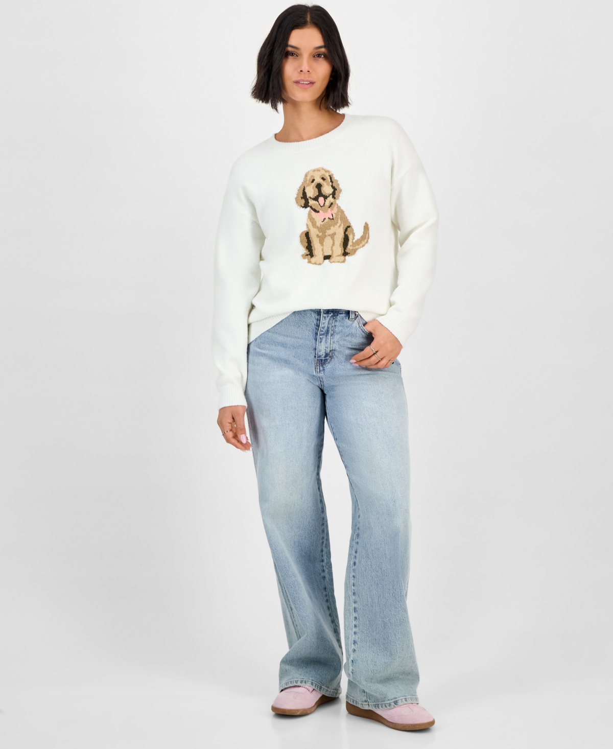 Hooked Up By Iot Juniors' Mossy Dog Intarsia-knit Crewneck Sweater In White