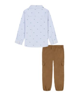 Boys' Toddler 2T-4T Chambray Trim Printed Shirt and Prewashed Twill Jogger Pants, 2-Piece Set