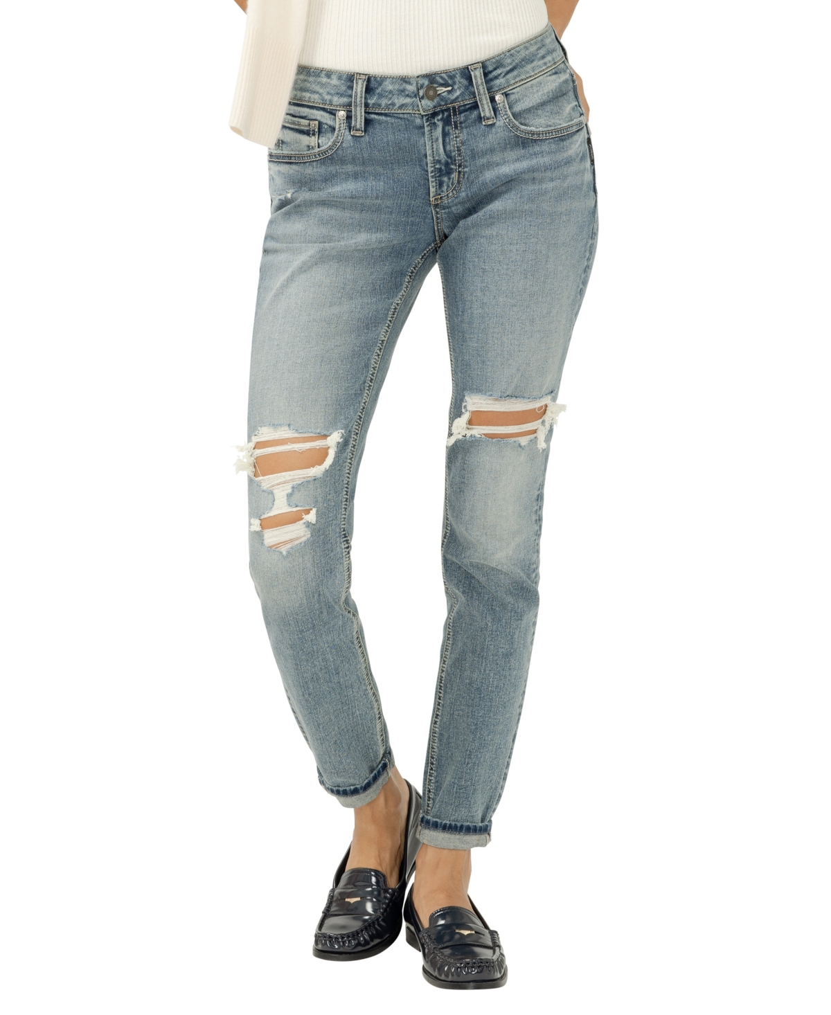 Silver Jeans Co. Ripped Girlfriend Jeans In Blue