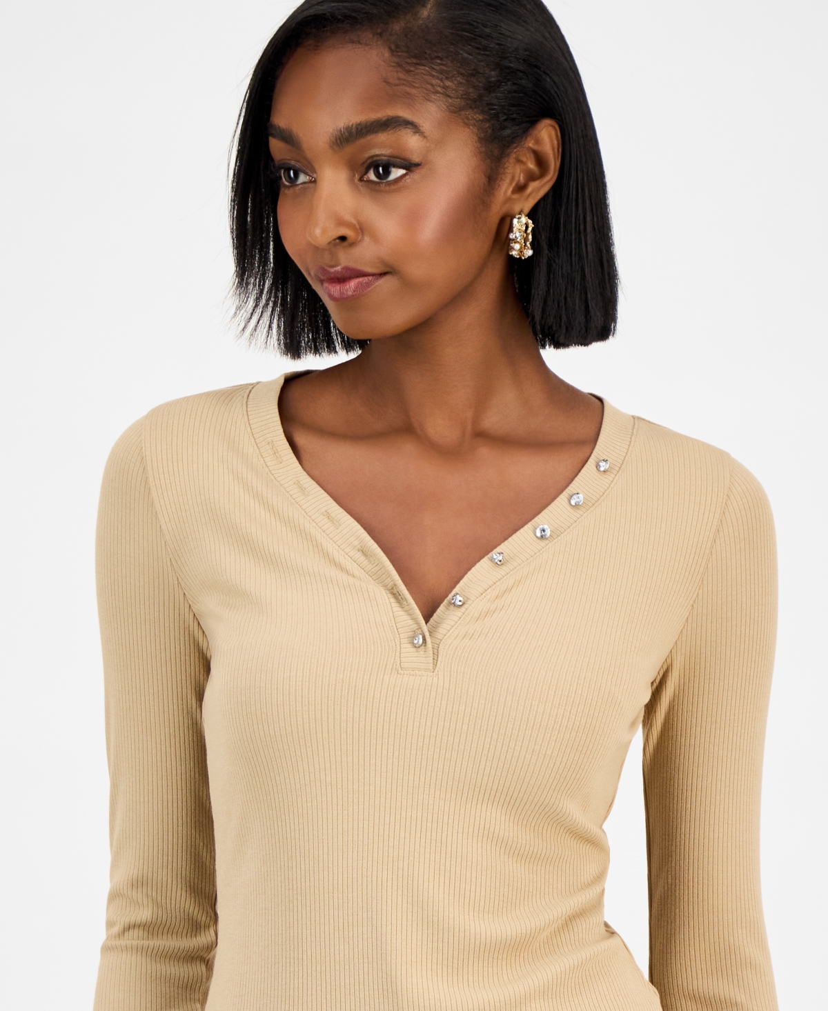 Guess Women's Kyla Ribbed Knit Henley Top In Neutral