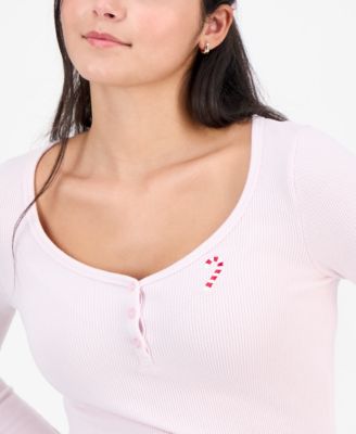 Juniors' Hacci Embroidered Long-Sleeve Henley