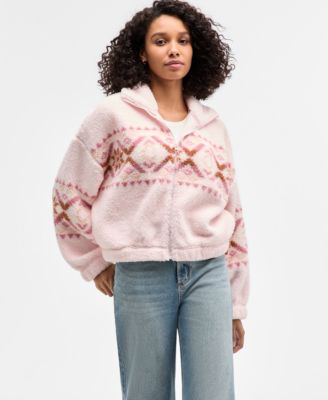 Hippie Rose - Juniors' Printed Zip-Up Sherpa Jacket
