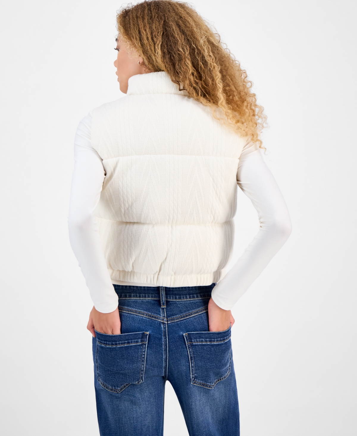 Planet Gold Juniors' Cable-knit Puffer Vest In White