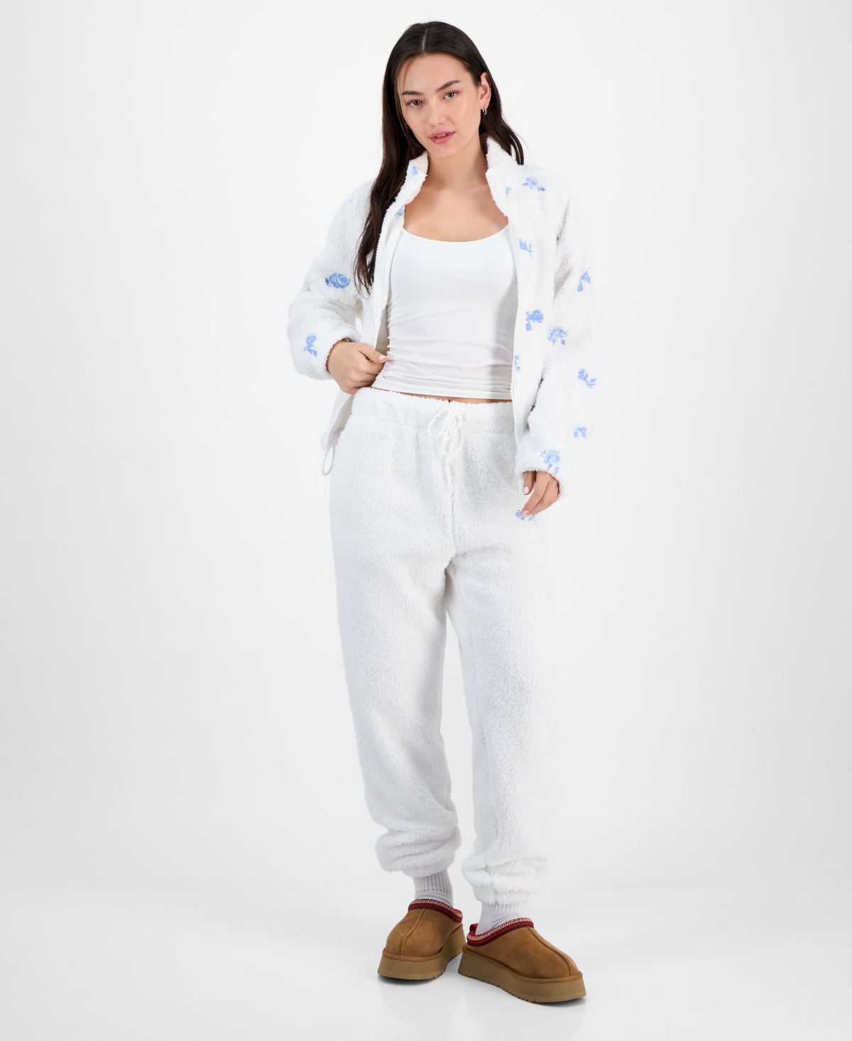 Madden Girl Juniors' Floral Embroidered Sherpa Fleece Jogger Pants