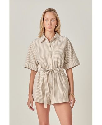 Women's STRIPE OXFORD FABRIC ROMPER