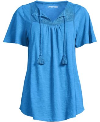 Women's Slub Flutter Sleeve Lace Trim Notch Neck Tunic Top