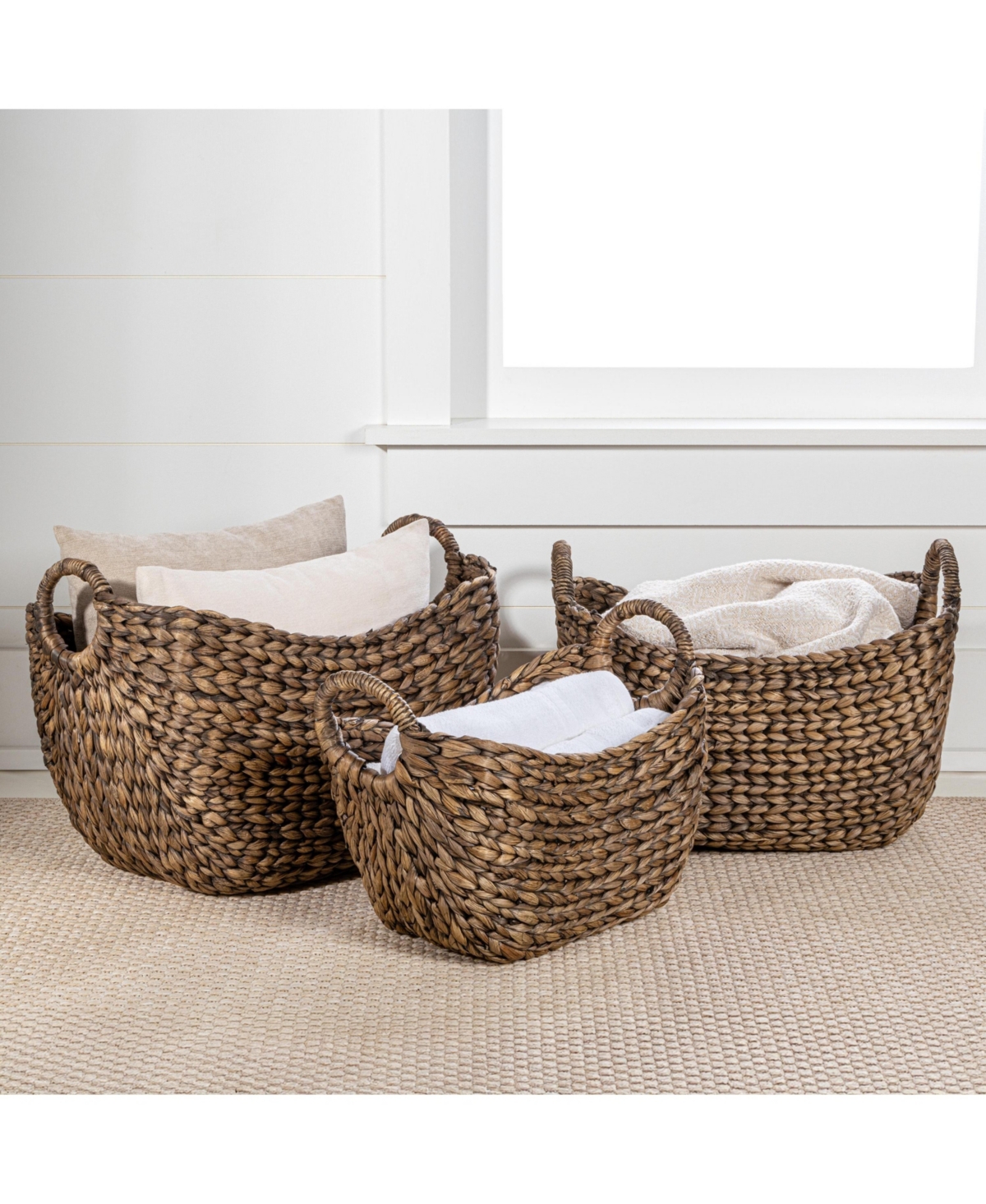 Nellie Farmhouse Classic Hand-Woven Hyacinth Storage Boat Baskets with Handles (Set of 3)