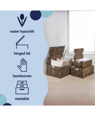 Brooks Farmhouse Woven Hyacinth Rectangular Storage Baskets with Lids and Handles, Set of 3