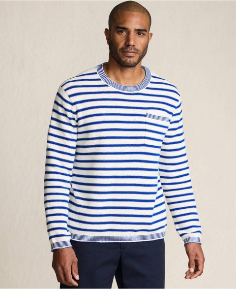 Мужской свитер Lands' End Long Sleeve Textured Cotton Crewneck, цвет: Слоновая кость латте / Полосатый
