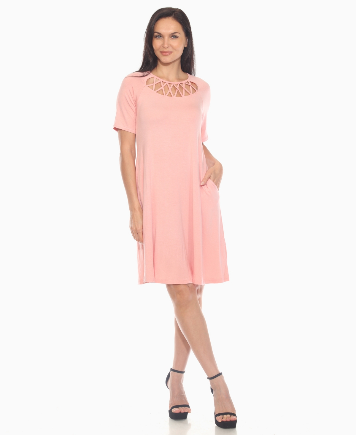 White Mark Plus Size Short Sleeve Crisscross Neck A-line Dress In Pink