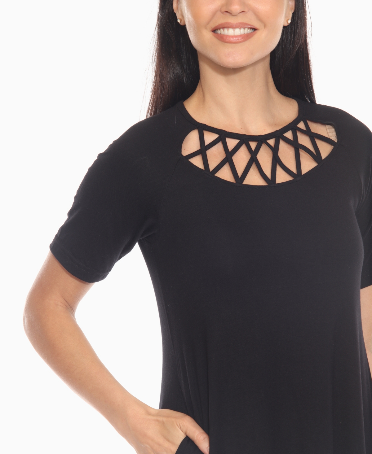 White Mark Plus Size Short Sleeve Crisscross Neck A-line Dress In Black