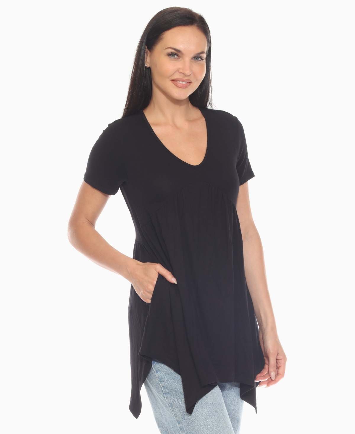 White Mark Women's Short Sleeve Shirred Front Knit Tunic Top In Black