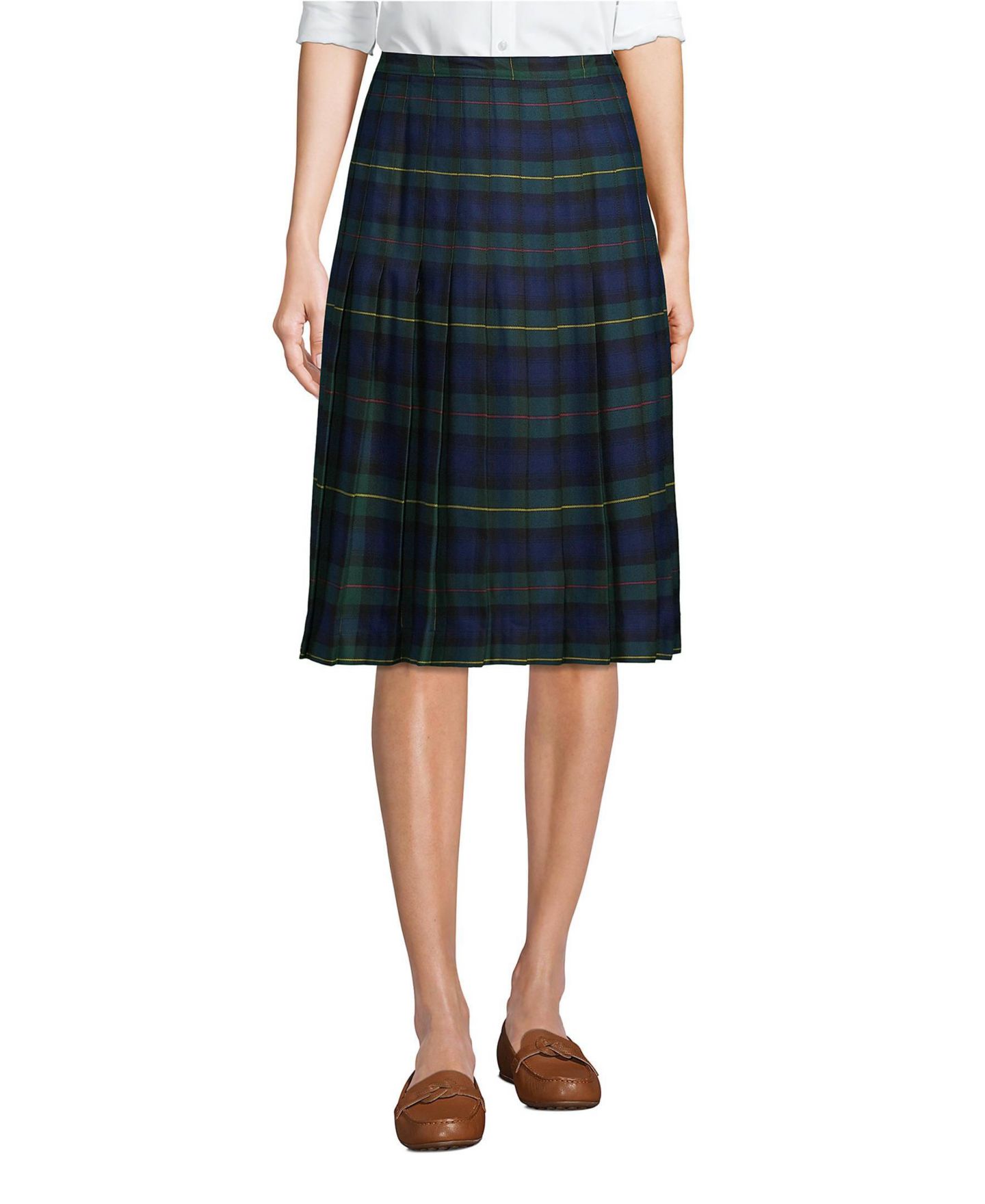 Женская юбка Lands' End Below The Knee Plaid Pleated, цвет: Клетчатый тёмно-зелёный / Тёмно-синий — фото 1
