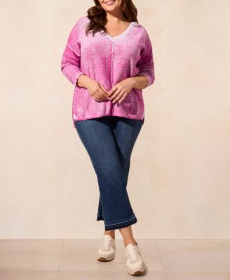 Plus Size Special Wash Long Sleeve V-Neck Sweater
