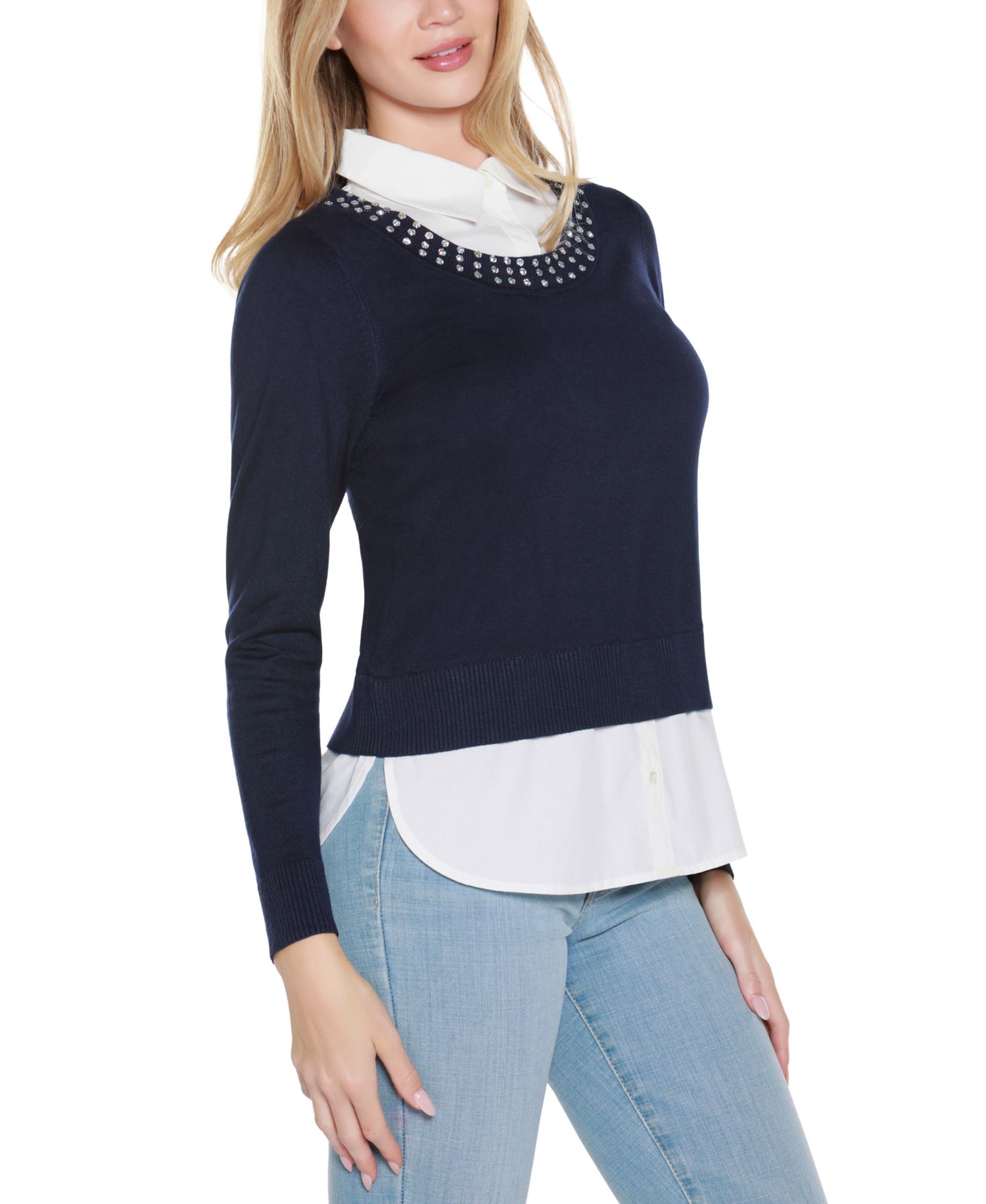 Women's Rhinestone-Neckline Two-Fer Sweater