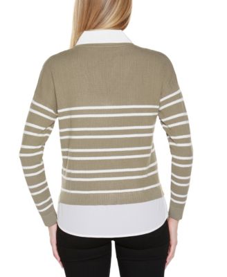 Women's Striped V-Neck Two-Fer Sweater