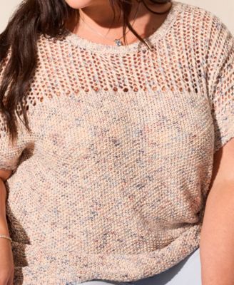 Plus Size Slub Knit Short-Sleeve Boat Neck Sweater