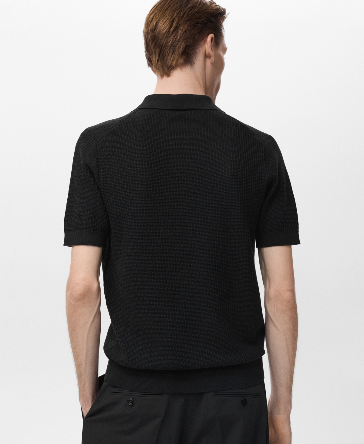 Mango Structured Fine Knit Polo In Black