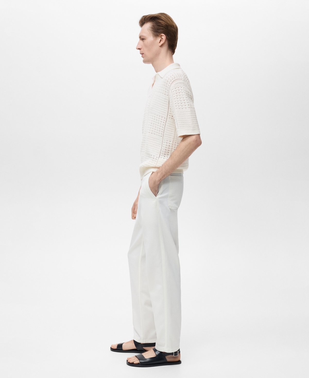 Mango Openwork Johnny Collar Polo In Neutral