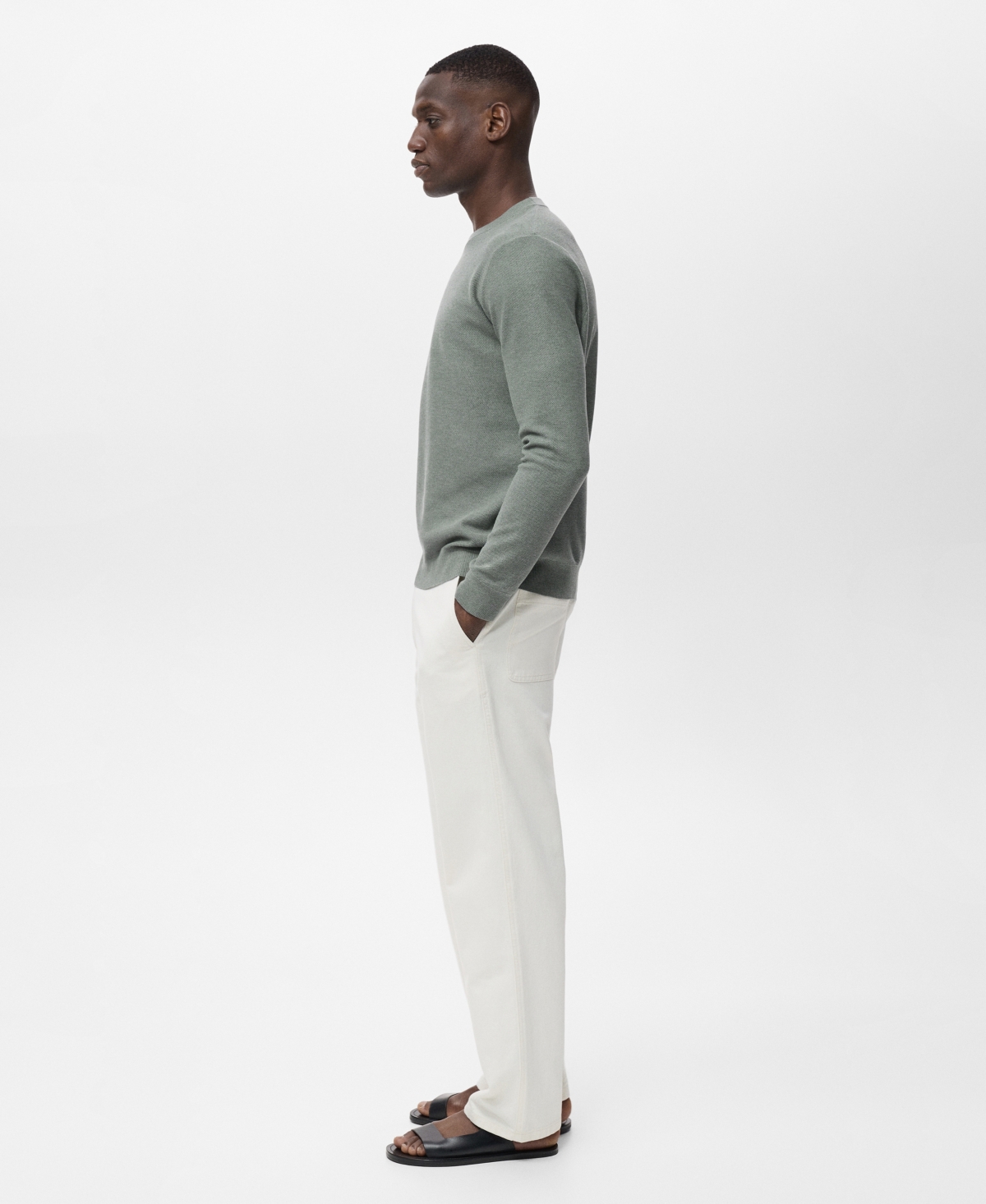 Mango Crewneck Linen Sweater In Green