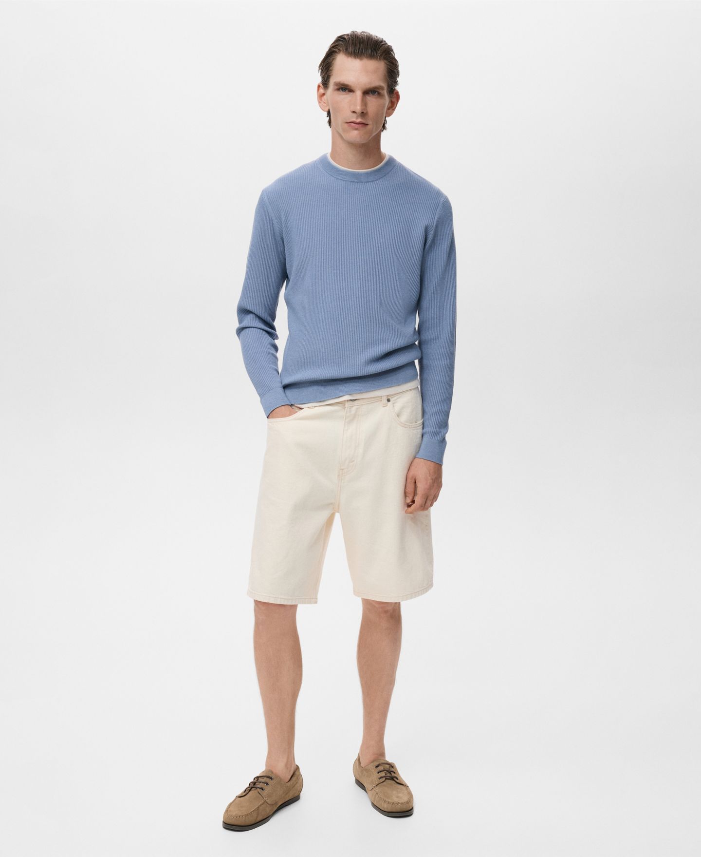 Мужской свитер MANGO Fine Rib-Knit Cotton, цвет: Синий — фото 2