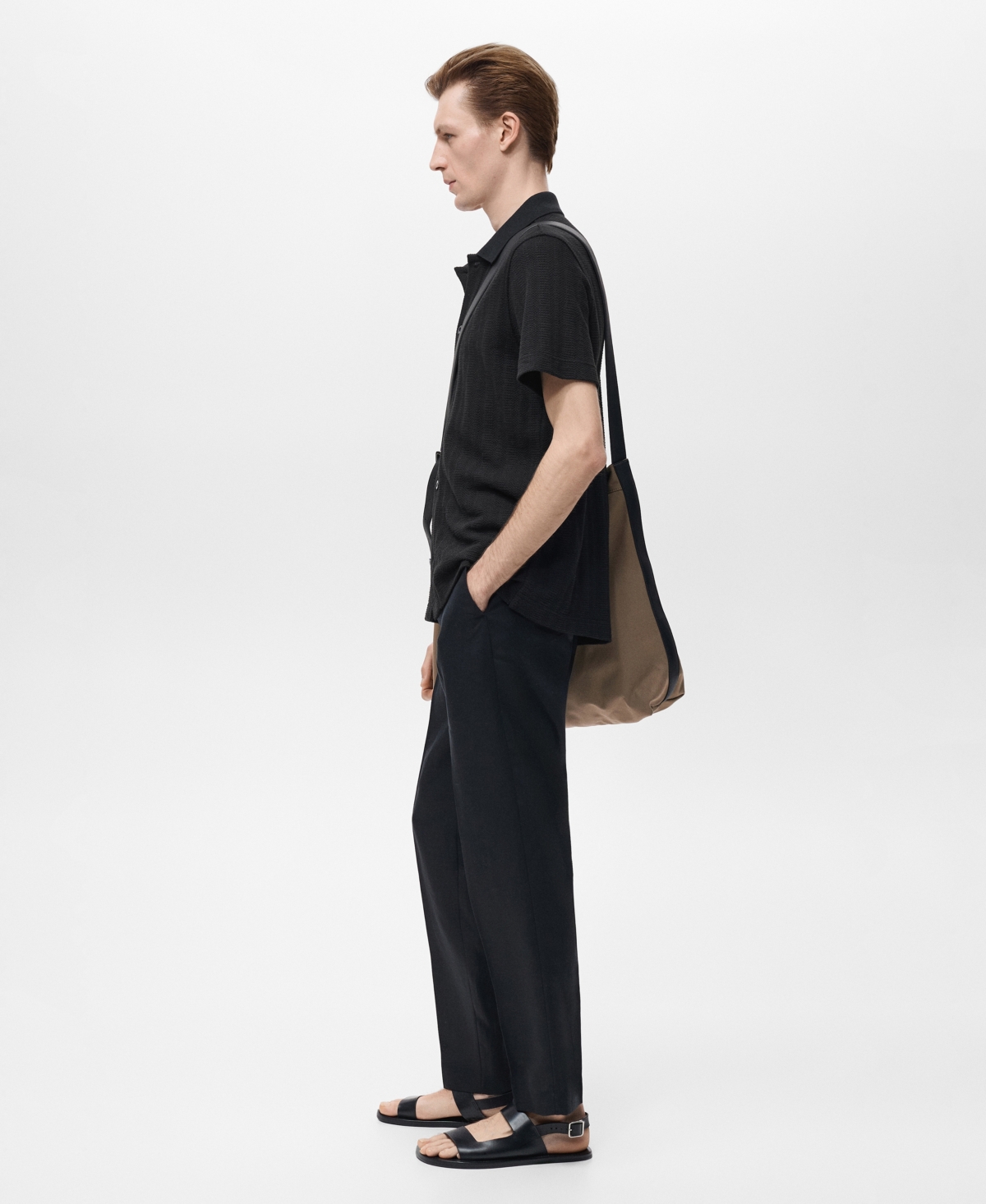 Mango Short Sleeve Structured Knit Button-up Shirt In Black