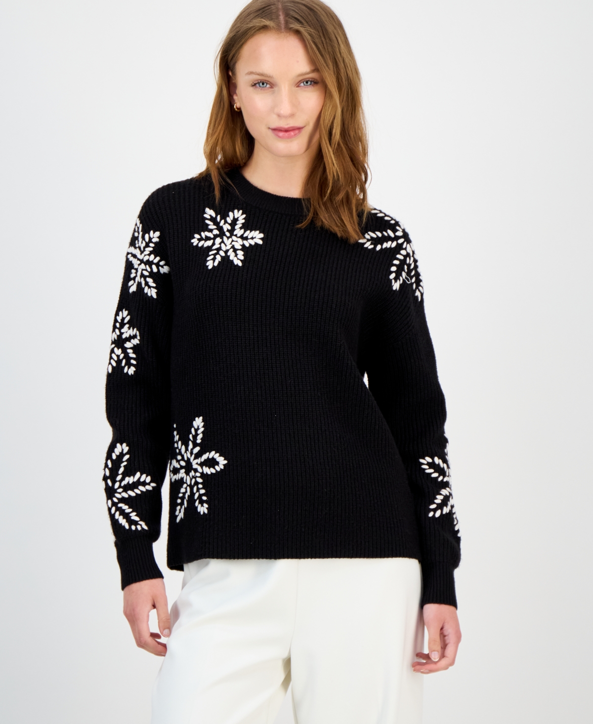 T Tahari Long Sleeve Crewneck Sweater With Floral Embroidery In Multi