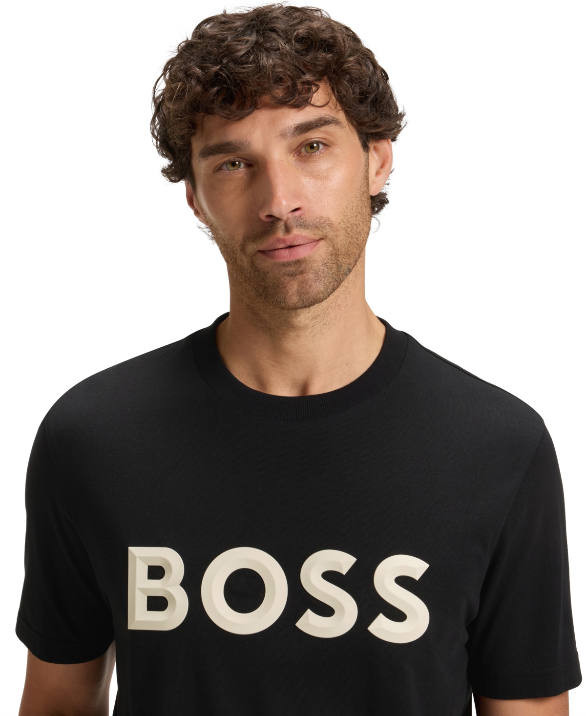 Hugo Boss Cotton-jersey T-shirt With Curved-logo Print In Black