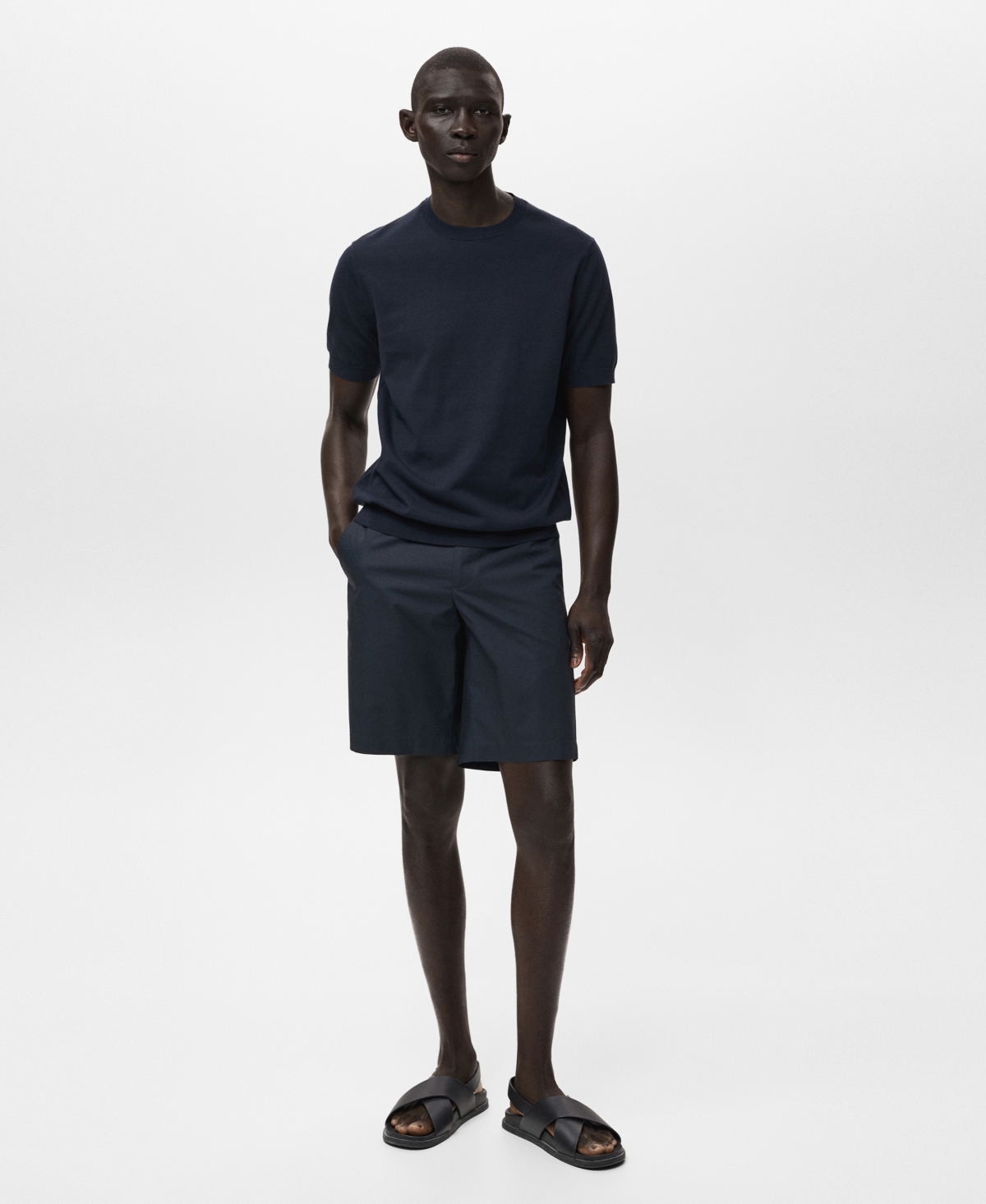 Mango Short Sleeve Cotton Crewneck Sweater In Blue