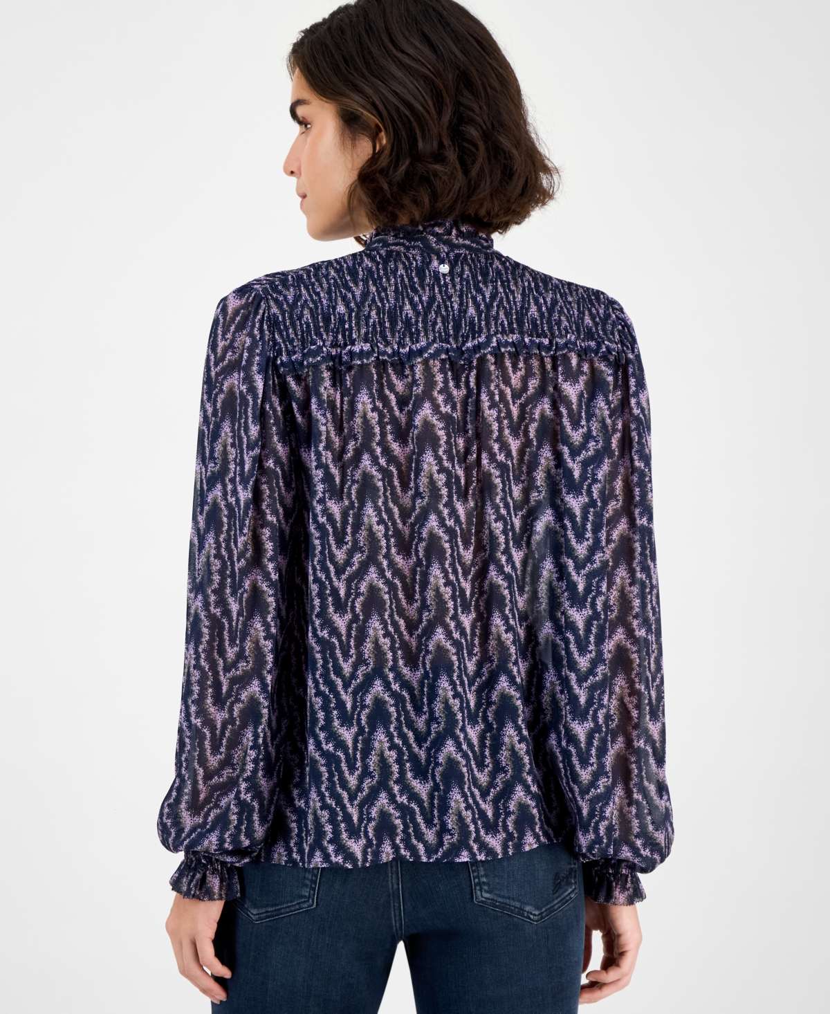 Hugo Boss Women's Smocked Mock Neck Blouse In Blue