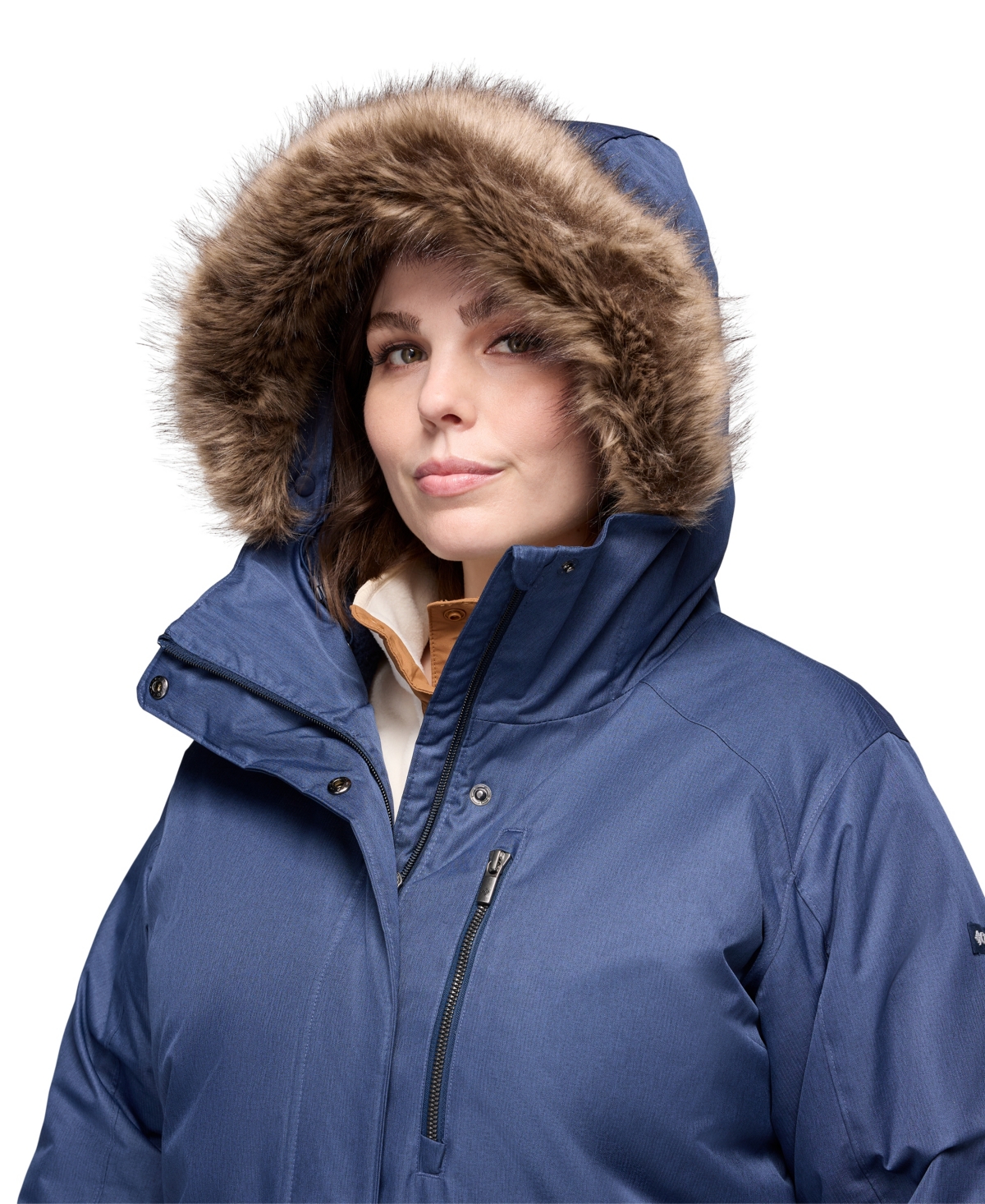 Columbia Plus Size Suttle Mountain Hooded Faux-fur-trim Long Insulated Coat In Blue